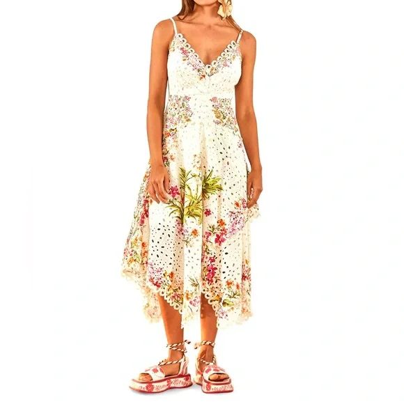 Farm Rio Delicate Forest Scarf Print Eyelet Cotton Sundress Size Small